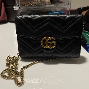 Black Quilted Leather Bag with Gold Chain